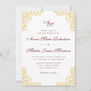 faire-part de mariage Vintage à fleurs d'or rouge 