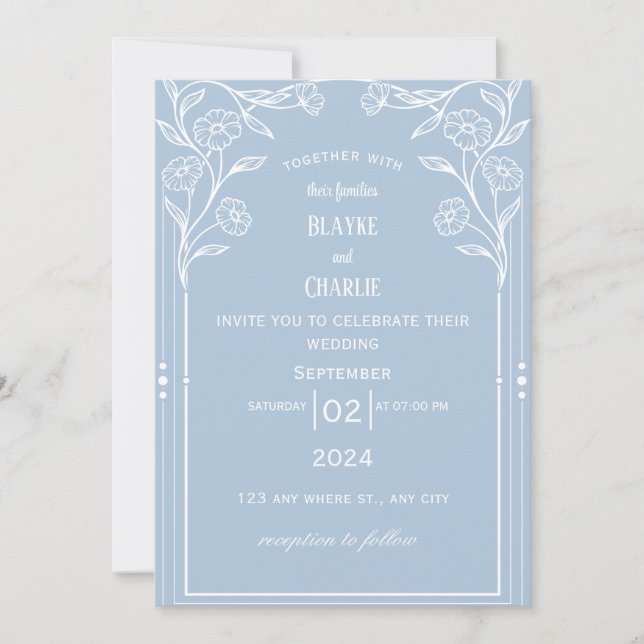 Faire-part de mariage vintage bleu blanc (Devant)
