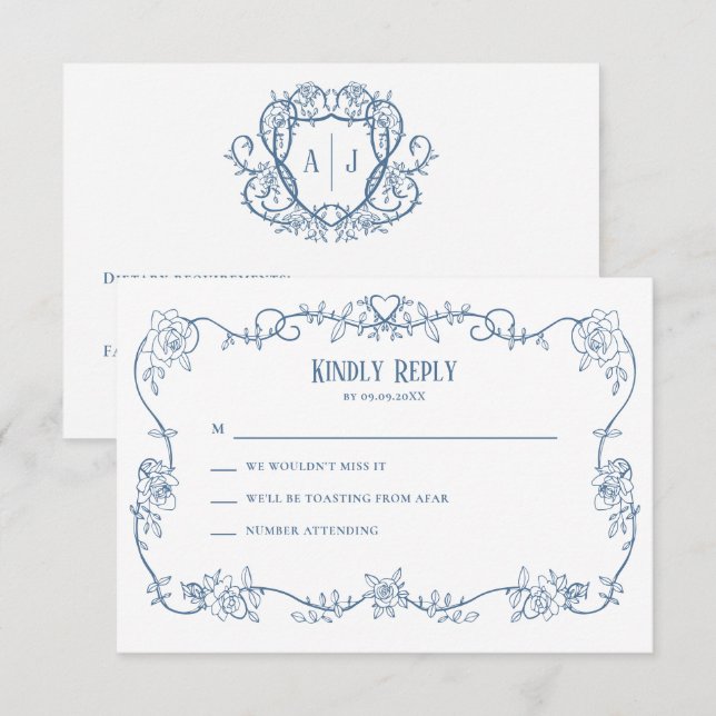 Faire-part de mariage vintage bleu Rambling Rose, (Devant / Derrière)