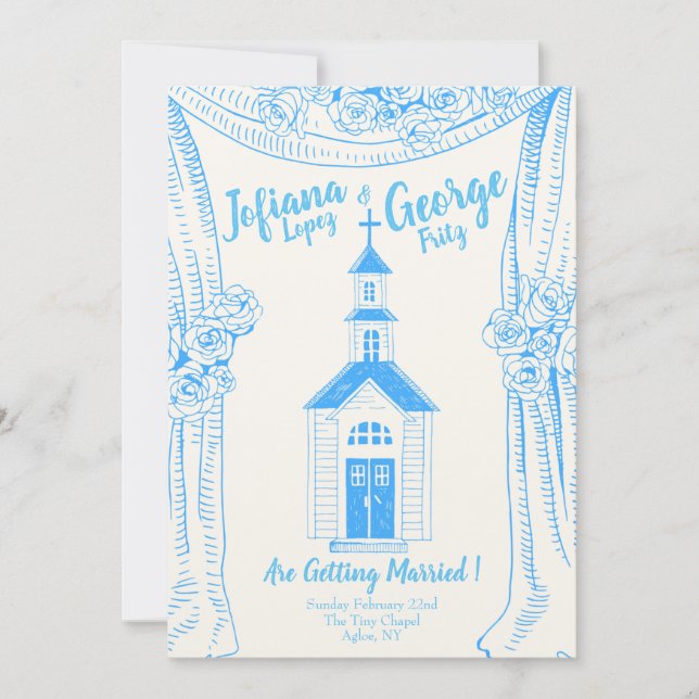 Faire-part de mariage vintage Blue Church (Devant)