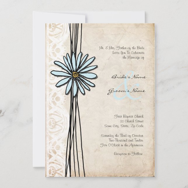 Faire-part de mariage vintage Blue Daisy (Devant)