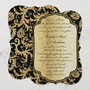Faire-part de mariage vintage damassé or sur noir