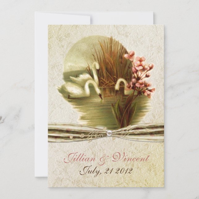 Faire-part de mariage vintage de cygnes (Devant)