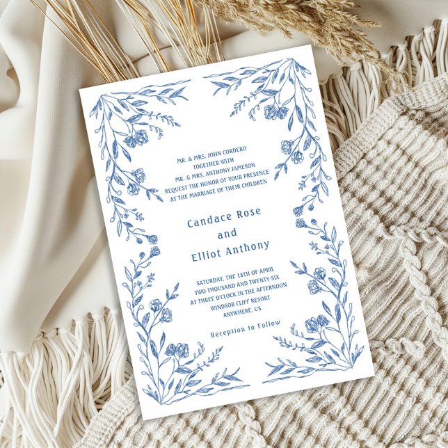 Faire-part de mariage vintage floral bleu (Créateur téléchargé)