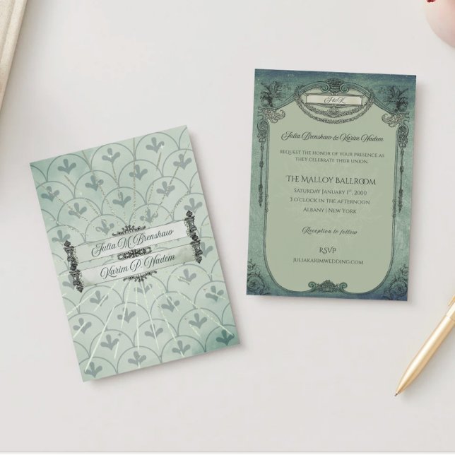 Faire-part de mariage vintage gothique vert sauge  (Example Invitation)