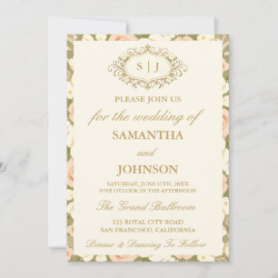 Faire-part de mariage vintage ivoire Monogramme