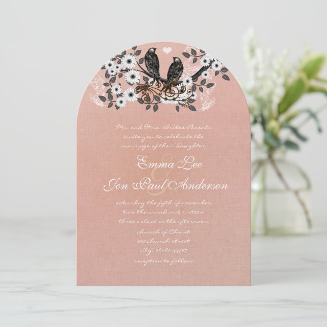 Faire-part de mariage vintage Lovebird avec glaçag (Debout devant)