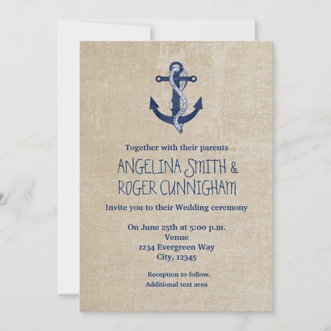 Faire-part de mariage vintage marine avec ancre (Devant)