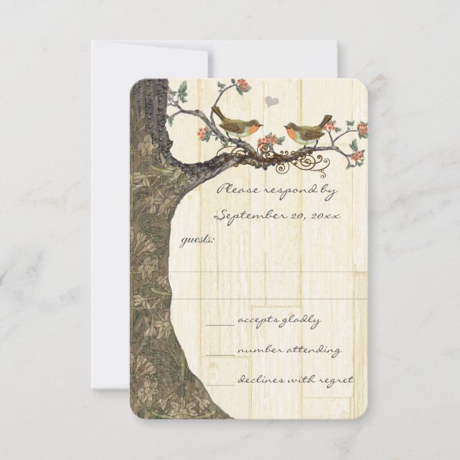 Faire-part de mariage vintage oiseaux Peach & Gray (Devant)