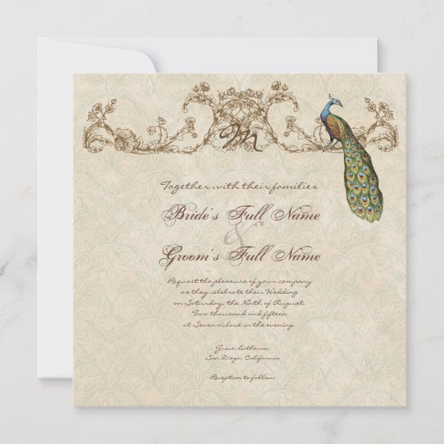 Faire-part de mariage Vintage Peacock & Etchings (Devant)