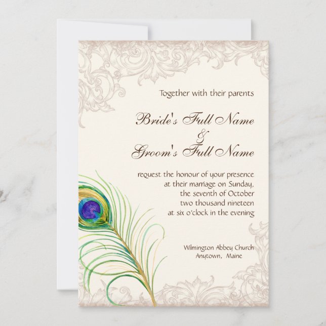 Faire-part de mariage Vintage Peacock Feather Etch (Devant)