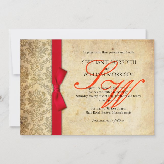 Faire-part de mariage Vintage rouge Damas (Devant)