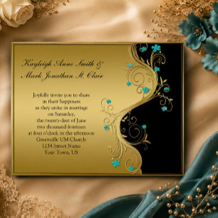 Faire-part de mariage vintage sarcelle, noir et or