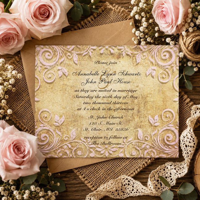 Faire-part de mariage vintage tourbillon rose (Pink Swirl Vintage Wedding Invitation)