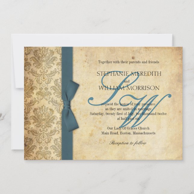 Faire-part de mariage Vintage turquoise Damas (Devant)