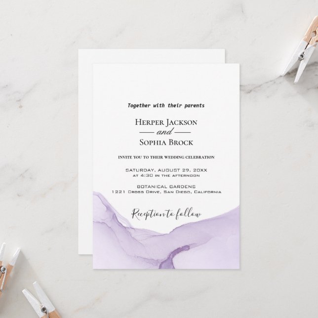 Faire-part de mariage violet à l'aquarelle moderne (Devant/Arrière en situation)