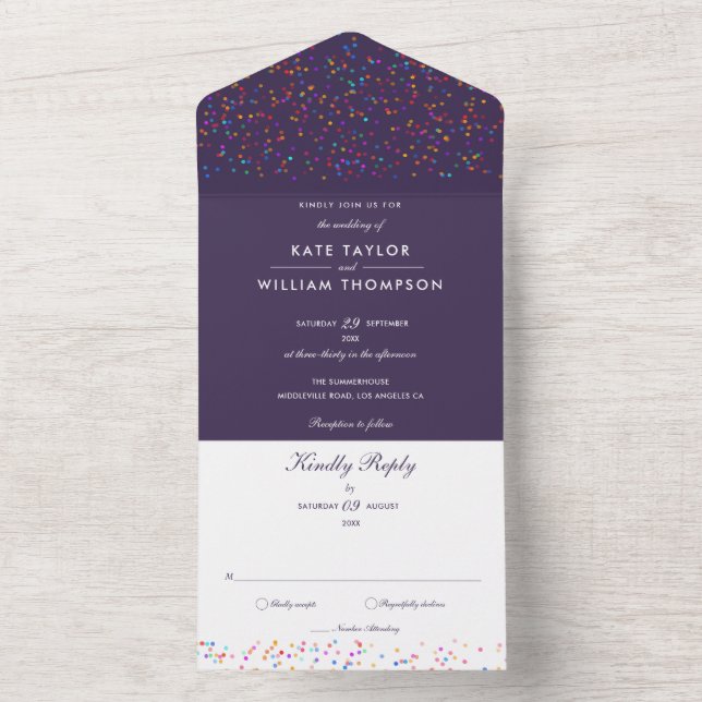 Faire-part de mariage violet à monogramme et confe (À l'intérieur)