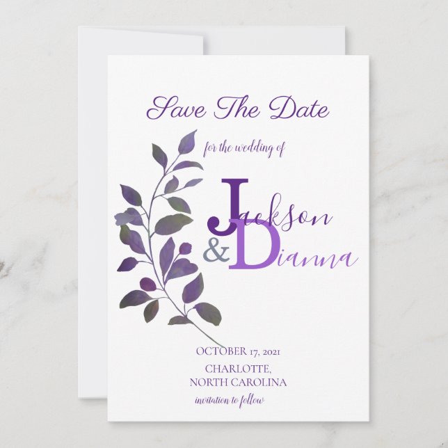 Faire-part de mariage violet à motif de feuille (Devant)