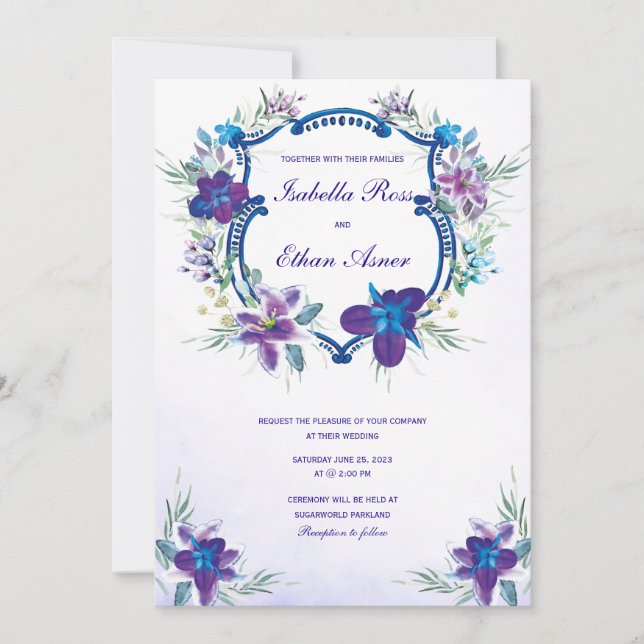 Faire-part de mariage violet bleu turquoise orchid (Devant)