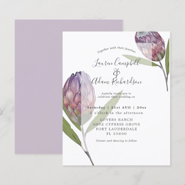 Faire-part de mariage violet Budget Botanical Prot (Devant / Derrière)