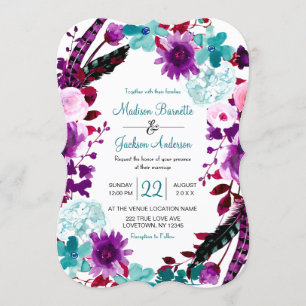 Faire-part de mariage violet Couronne florale Bohè