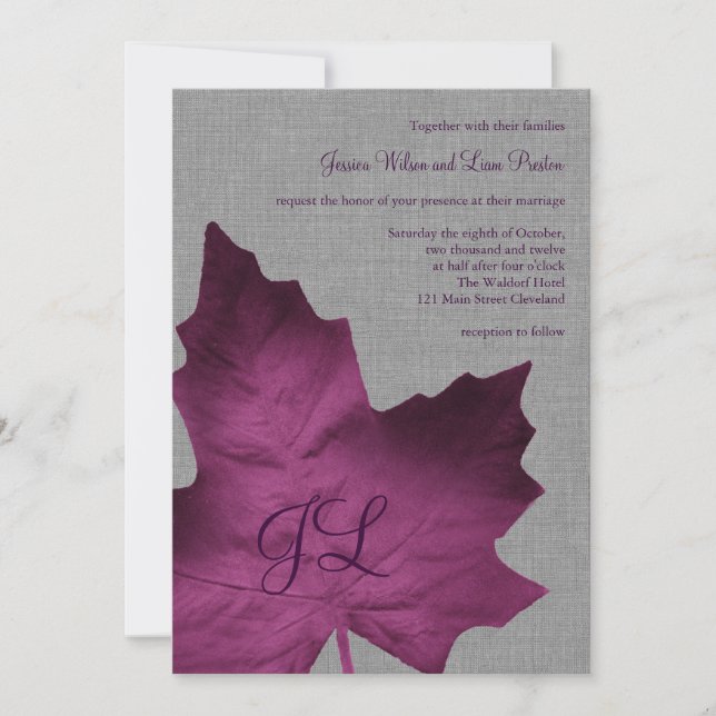 Faire-part de mariage violet en lin avec monogramm (Devant)