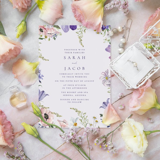Faire-part de mariage violet Fleur sauvage du jard (Garden Wildflower Purple Wedding Invitation)
