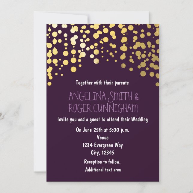 Faire-part de mariage violet foncé avec confettis  (Devant)