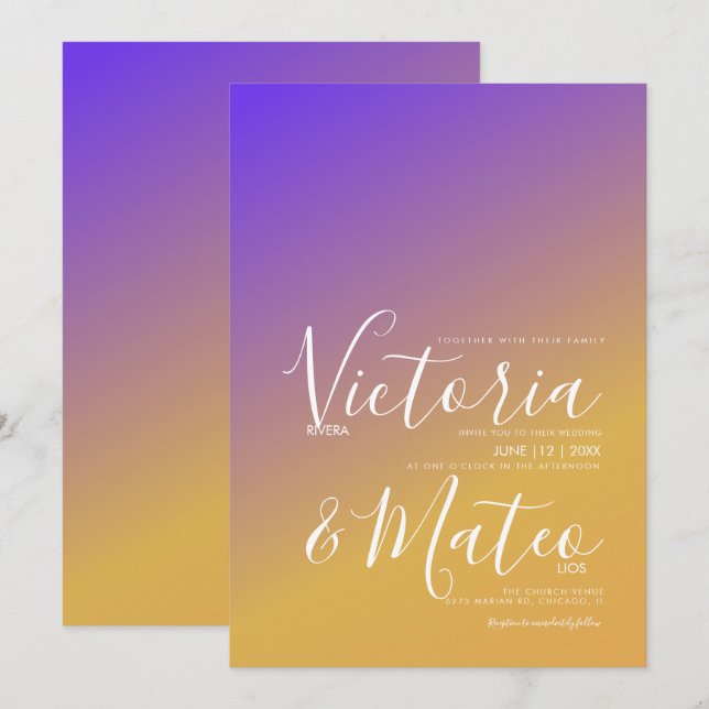 Faire-part de mariage violet jaune ombré (Devant / Derrière)