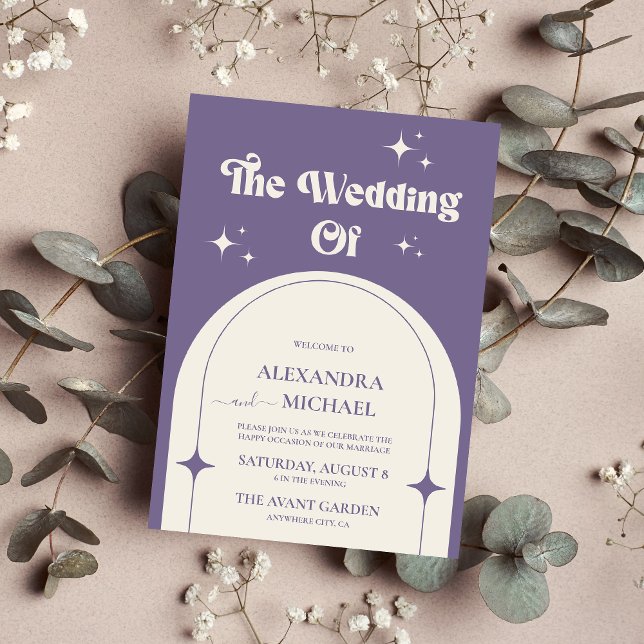 Faire-part de mariage violet Minimal Retro Arch (Créateur téléchargé)