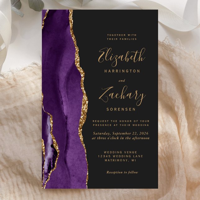 Faire-part de mariage violet or agate sombre Budge (Créateur téléchargé)