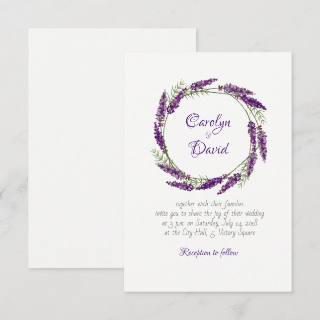 Faire-part de mariage violette de lavande de Prove (Devant / Derrière)