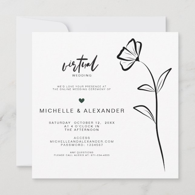 Faire-part de mariage virtuel floral noir et blanc (Devant)