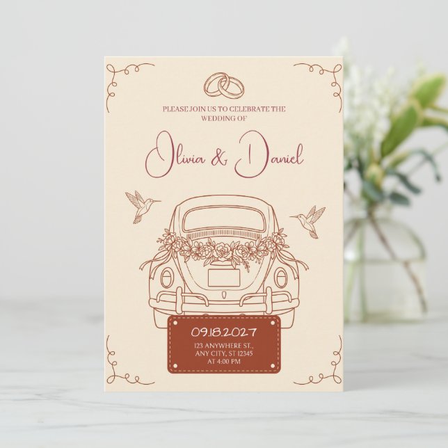 Faire-Part de Mariage Voiture de Fuite Rétro Terra (Debout devant)