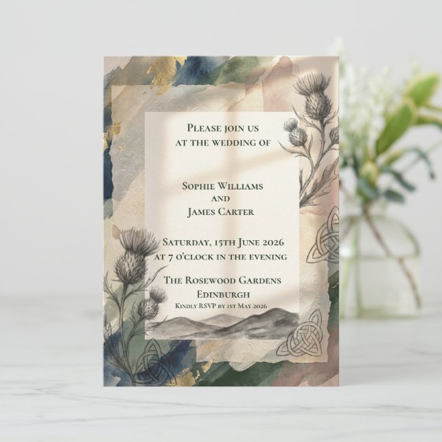 Faire-part de mariage Watercolor Thistle & Celtic  (Debout devant)
