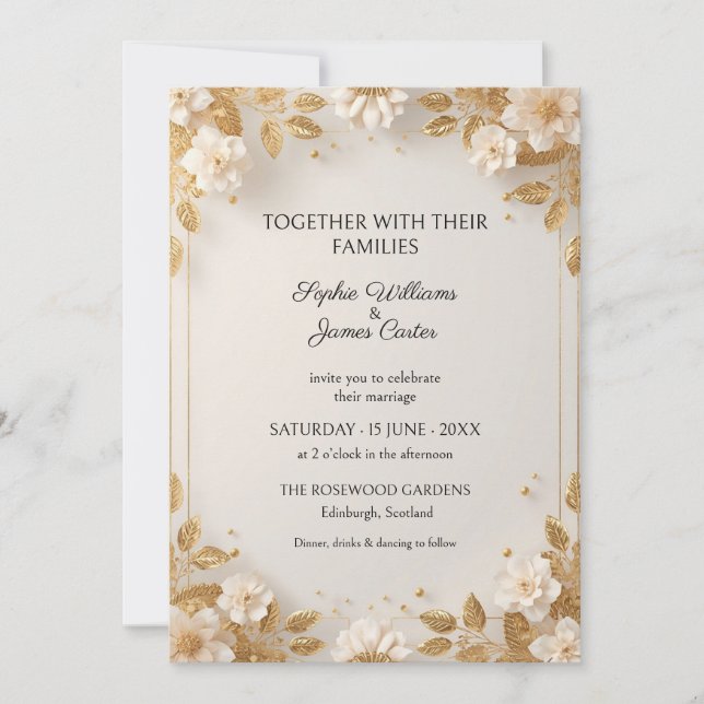 Faire-part de mariage White Blossom Gold Leaf (Devant)