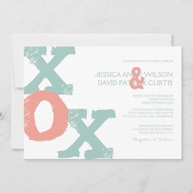 Faire-part de mariage XOX Coral and Mint (Devant)