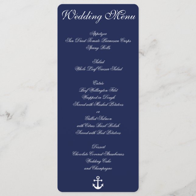 Faire-part de menu de mariage nautique bleu marine (Devant)