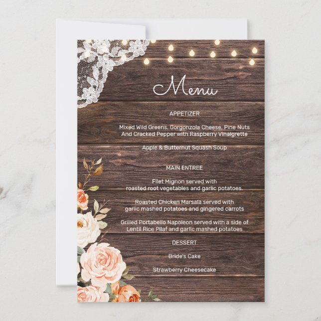 Faire-part de menu floral en dentelle de bois rose (Devant)