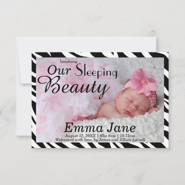 Faire-part de naissance 3x5 Zebra Sleeping Beauty (Devant)