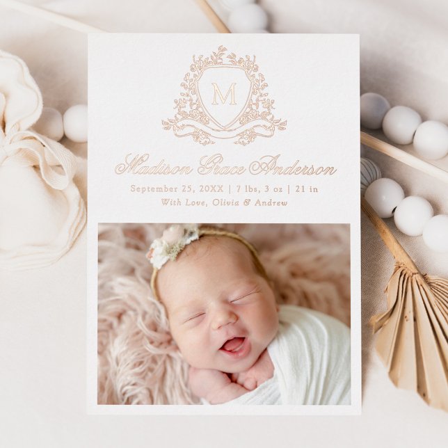 Faire-part de naissance à monogramme à motif flora (Créateur téléchargé)