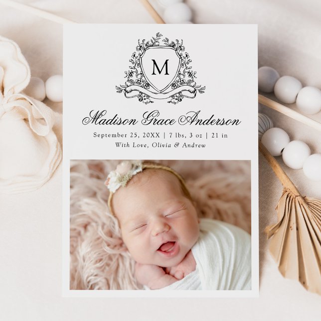 Faire-part de naissance à photo Monogramme élégant (Créateur téléchargé)