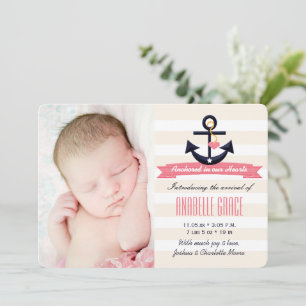 Faire-part de naissance à thème marin rose et mari