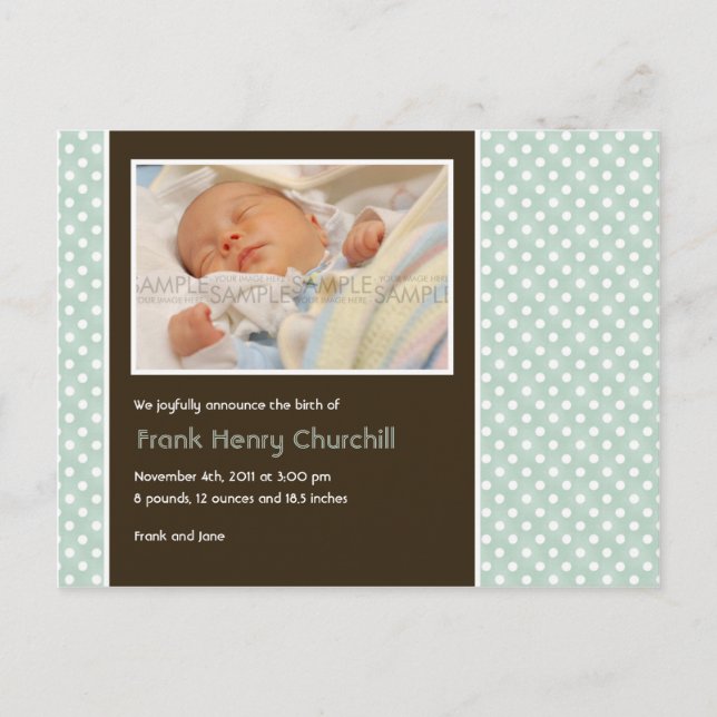 Faire-part de naissance Aqua/Brun à pois • Annonce (Devant)