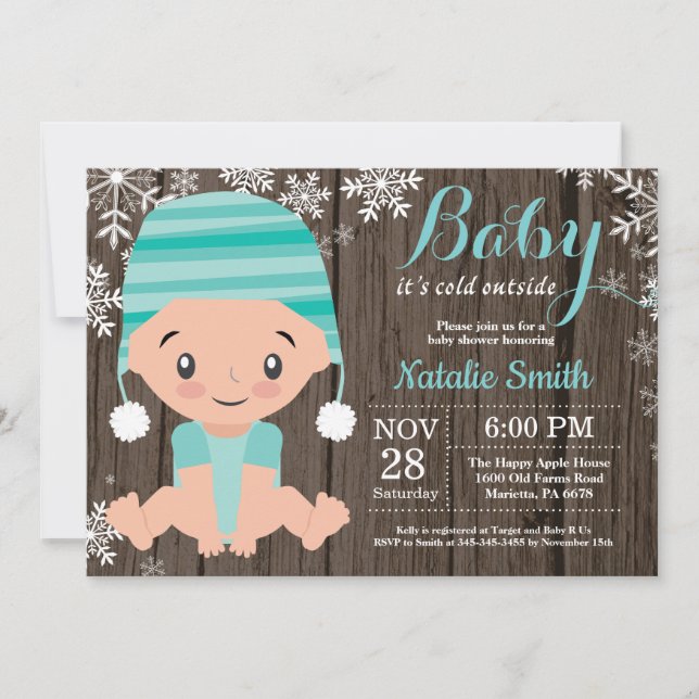 Faire-part de naissance aqua rustique d'hiver (Devant)