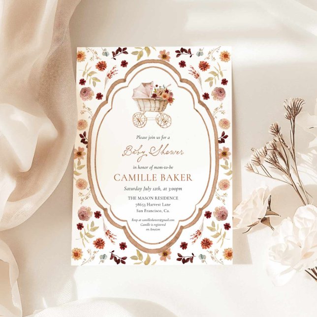 Faire-part de naissance automnal rustique bordeaux (Rustic Watercolor Fall Floral Baby Shower Invitation )