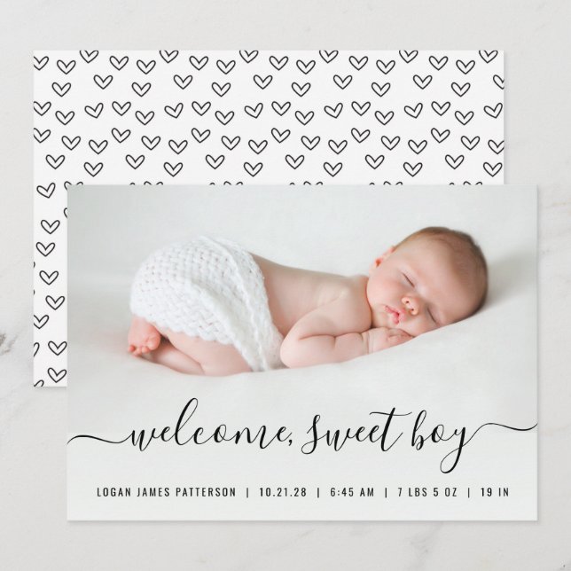 Faire-part de naissance avec coeurs et photo de bé (Devant / Derrière)