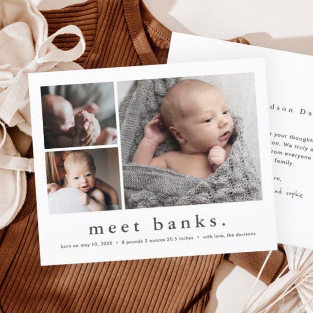Faire-part de naissance avec collage de photos de  (Simple Typography 3 Photo Collage Baby Stats Birth Announcement Thank You Cards.)