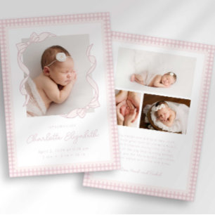 Faire-part de naissance avec nœud en vichy