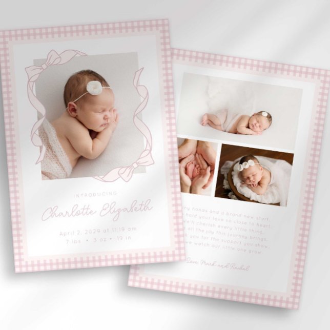 Faire-part de naissance avec nœud en vichy (Créateur téléchargé)